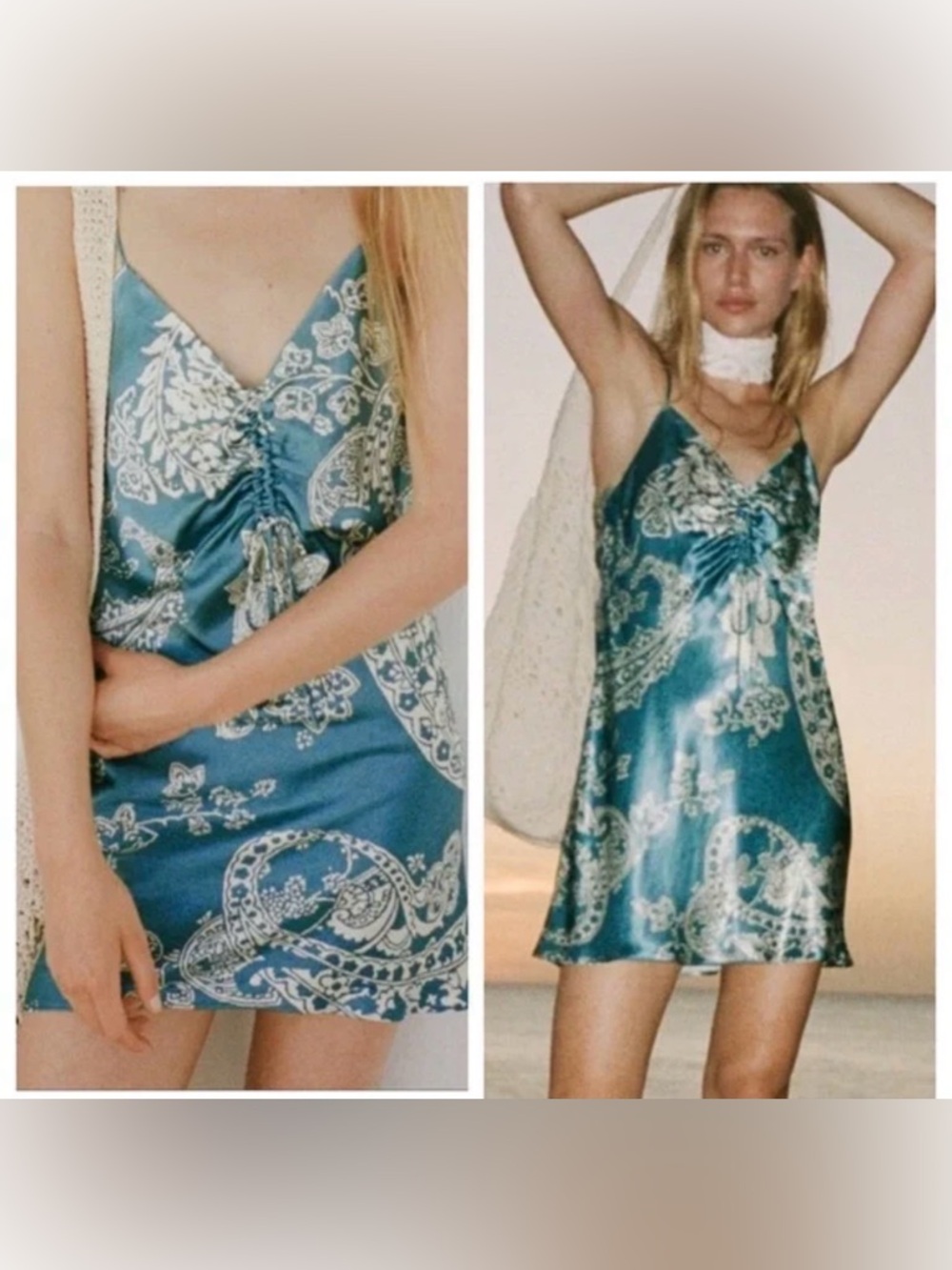 Zara-XS- Blue Paisley Satin Slip Dress - Picture 2 of 4